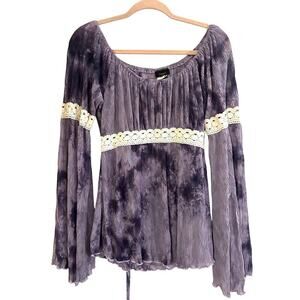 TOOMI USA Purple Tie-Dye Boho Peasant Crochet Crinkle Split Bell Sleeve Top Sz L